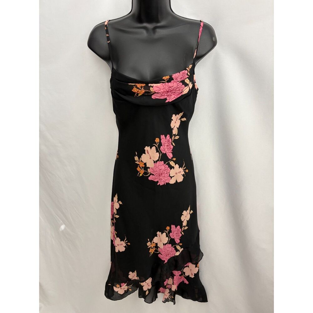 Charlotte Russe Midi Floral Chiffon Dress Size XS Black Pink Romantic Ruffles